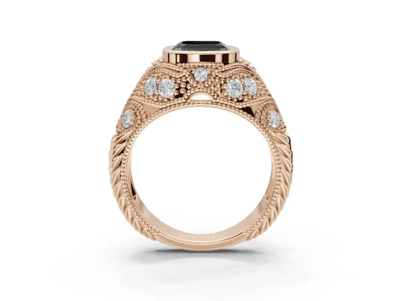 Asscher Cut Vintage Bezel Engagement Ring Setting for a Black Center | Milgrain Band | Rose Gold