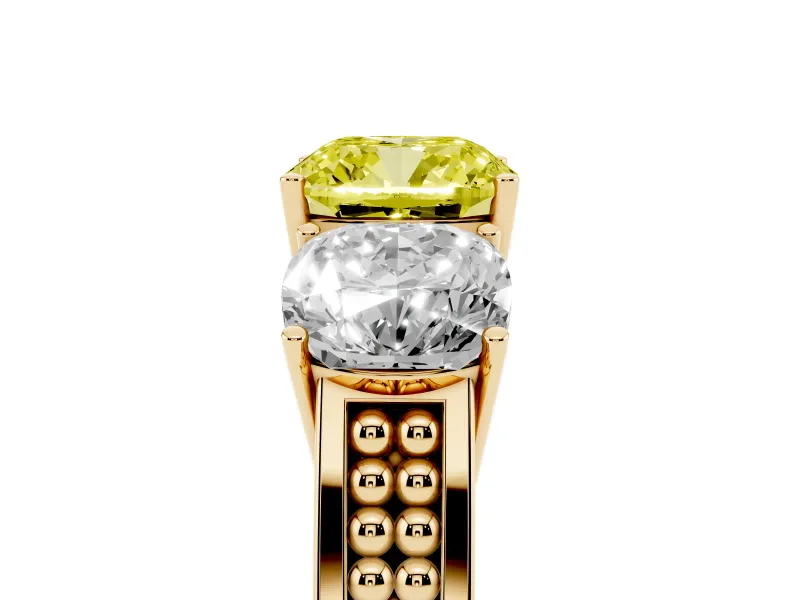 Cushion Cut Three Stone Engagement Ring Setting for a Fancy Yellow Lab-Grown Diamond | Beaded Shoulders | Yellow Gold