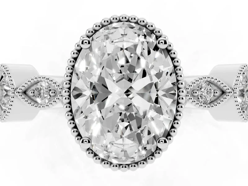Oval Cut Diamond Vintage-Inspired Milgrain Ring Set in Platinum with Marquise Stations of Round Accents