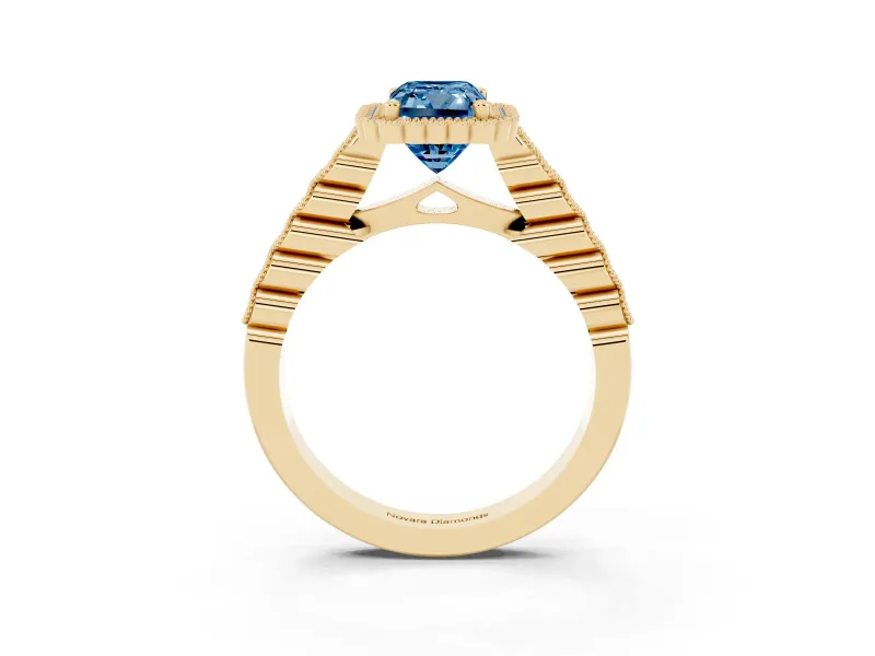 Radiant Cut Milgrain Halo Engagement Ring Setting for a Fancy Blue Lab-Grown Diamond | Beaded Shoulders | Yellow Gold