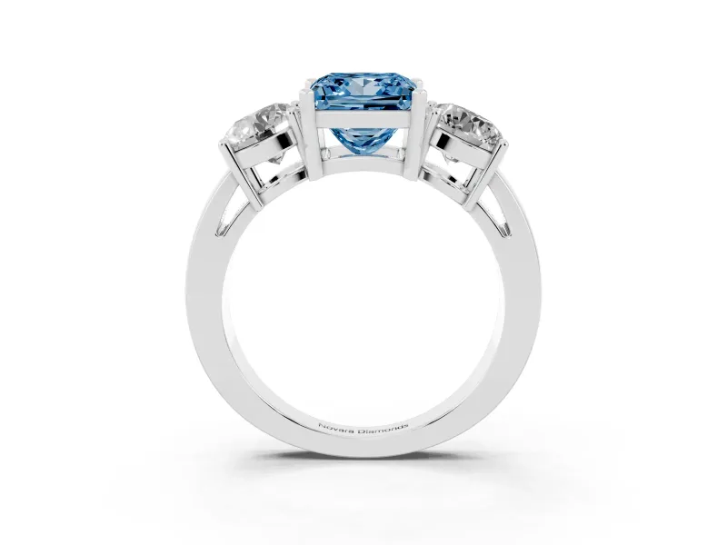Princess Cut Three Stone Engagement Ring Setting for a Fancy Blue Lab-Grown Diamond | Wide Plain Band | Platinum