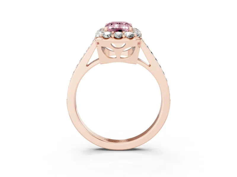 Fancy Pink Emerald Cut Diamond Floral Halo Ring Set in Rose gold with Pavé Band and Prong Setting