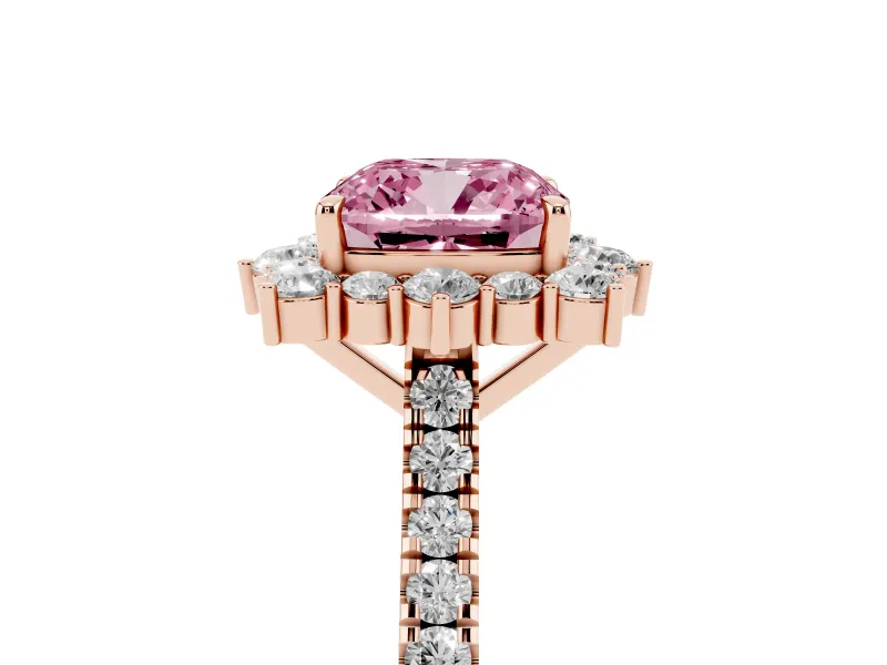 Cushion Cut Scalloped Halo Engagement Ring Setting for a Fancy Pink Lab-Grown Diamond | Single Row Pave | Rose Gold
