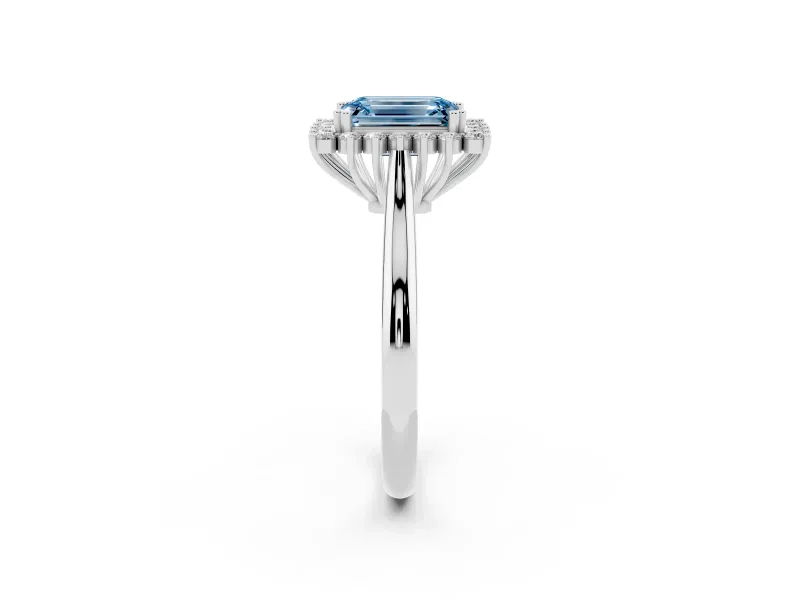 Fancy Blue Emerald Cut Diamond Halo Ring Set in Silver with Plain Solitaire Band and Prong Setting