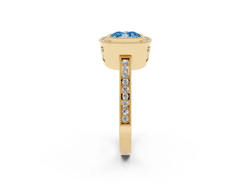 Cushion Cut Milgrain Halo Engagement Ring Setting for a Fancy Blue Lab-Grown Diamond | Yellow Gold