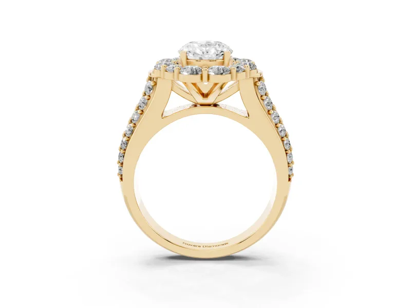 Oval Cut Diamond Halo Engagement Ring Set in Yellow gold with Split Shank and Prong Setting