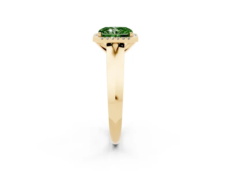 Fancy Green Radiant Cut Diamond Halo Ring Set in Yellow gold with Cathedral Band and Prong Setting
