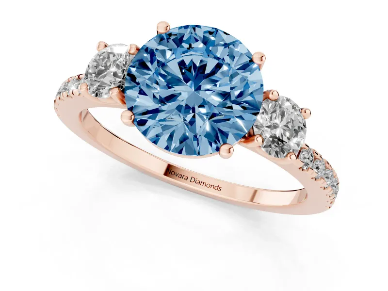 Round Three Stone Engagement Ring Setting for a Fancy Blue Lab-Grown Diamond | Pave Shoulders | Rose Gold