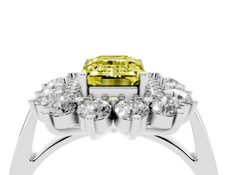 Emerald Cut Floral Halo Engagement Ring Setting for a Fancy Yellow Lab-Grown Diamond | Plain Band | Sterling Silver