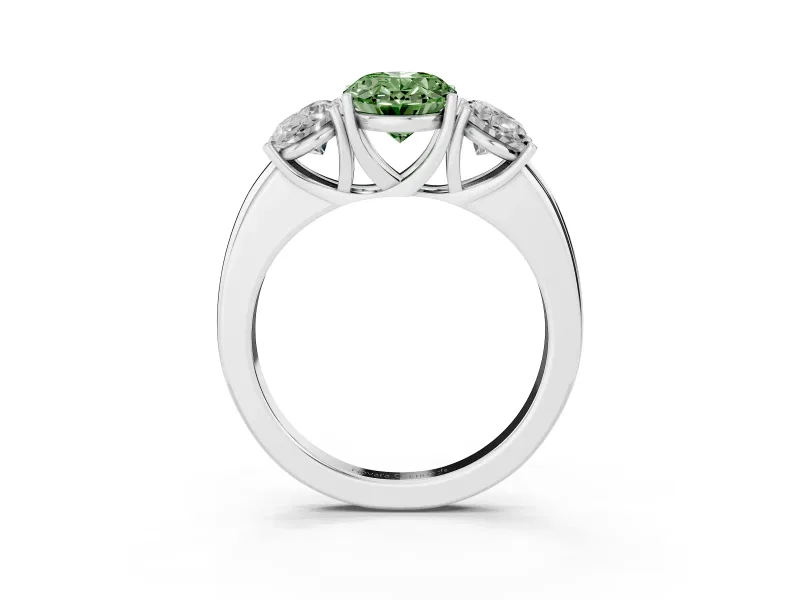 Fancy Green Oval Cut Diamond Three-Stone Ring Set in Silver with Bold Center and Classic Band