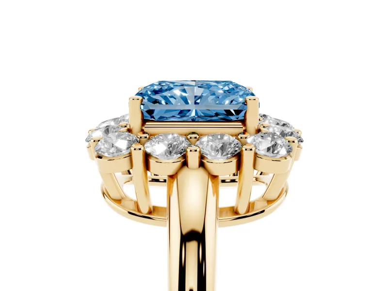 Radiant Cut Cluster Halo Engagement Ring Setting for a Fancy Blue Lab-Grown Diamond | Large Round Accents | Yellow Gold