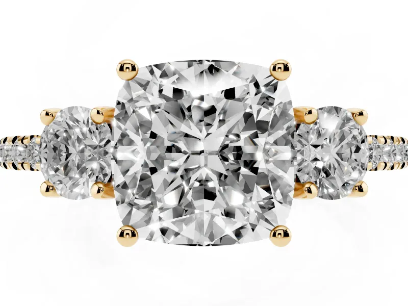 Cushion Cut Three Stone Engagement Ring Setting | Pave Shoulders | Yellow Gold