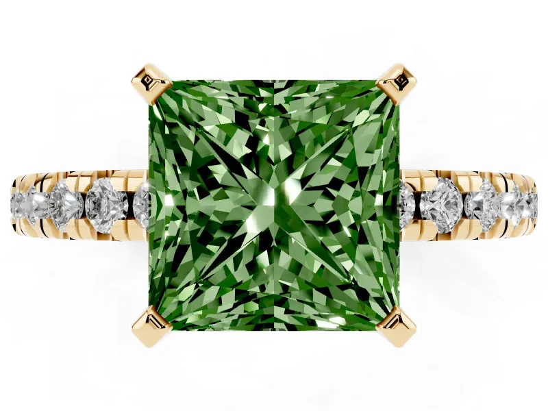 Princess Cut Pavé Engagement Ring Setting for a Fancy Green Lab-Grown Diamond | Yellow Gold