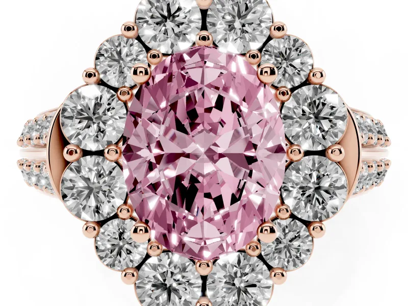 Fancy Pink Oval Cut Diamond Halo Engagement Ring Set in Rose gold with Split Shank and Prong Setting