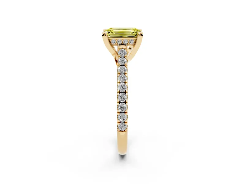 Emerald Cut Hidden Halo Pave Engagement Ring Setting for a Fancy Yellow Lab-Grown Diamond | Claw Prongs | Yellow Gold