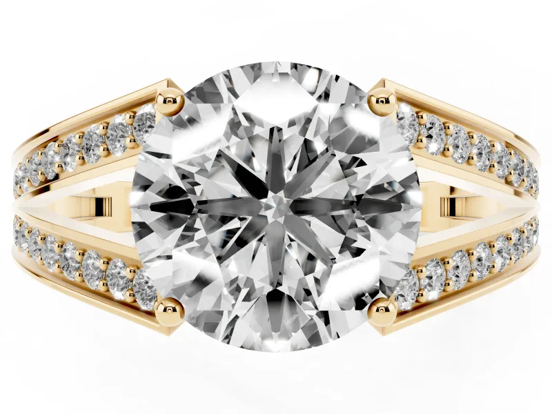 Round Split Shank Pavé Engagement Ring Setting | Engraved Leaf Sides | Yellow Gold