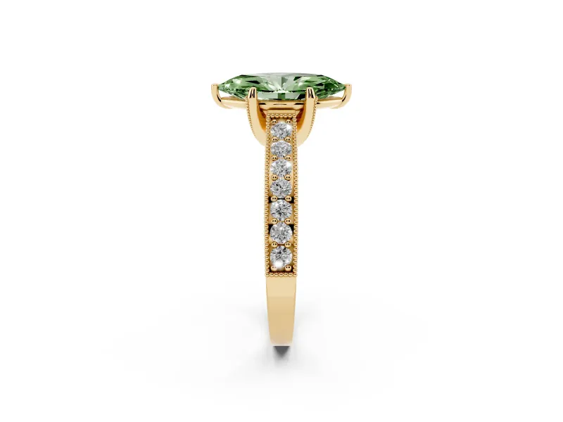 Marquise Hidden Halo Engagement Ring Setting for a Fancy Green Lab-Grown Diamond | Milgrain Pave | Yellow Gold