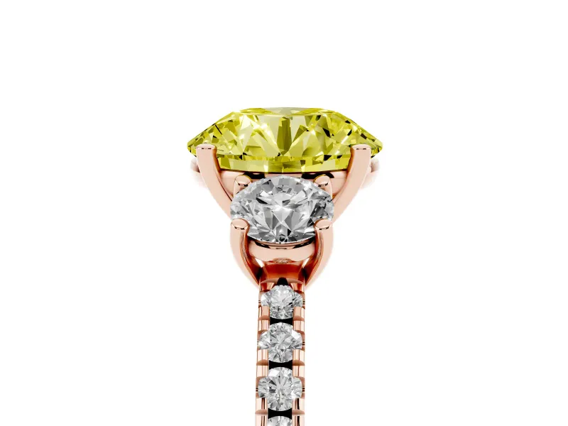 Fancy Yellow Round Cut Diamond Three-Stone Ring Set in Rose gold with Pavé Band and Graduated Sides