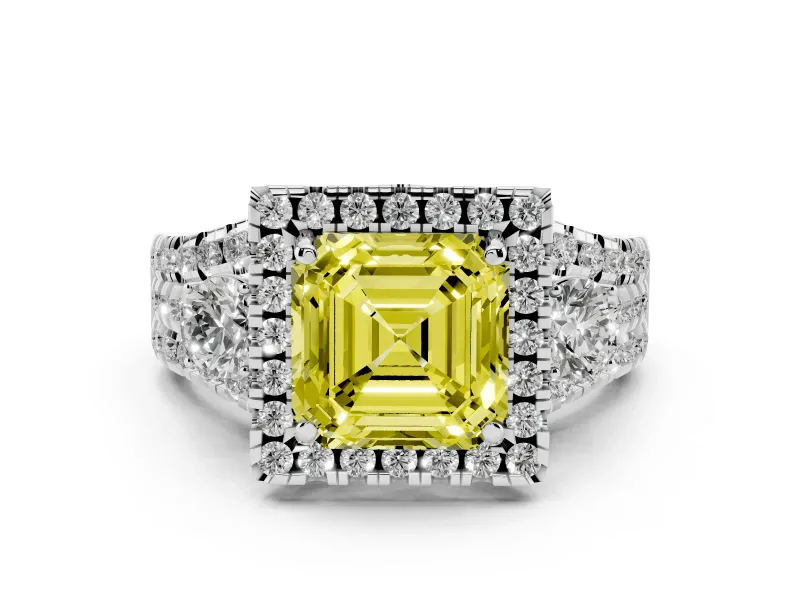 Fancy Yellow Asscher Cut Diamond Halo Split Shank Ring Set in Platinum with Round Accent Stones and Prong Setting