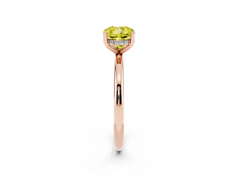 Fancy Yellow Cushion Cut Diamond Solitaire Engagement Ring Set in Rose gold with Prong Setting and Polished Band