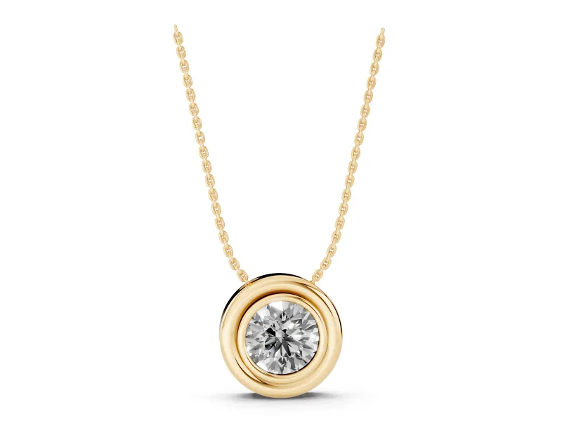 Round Lab-Grown Diamond Wide Bezel Solitaire Pendant Necklace | Stepped Rim | Yellow Gold