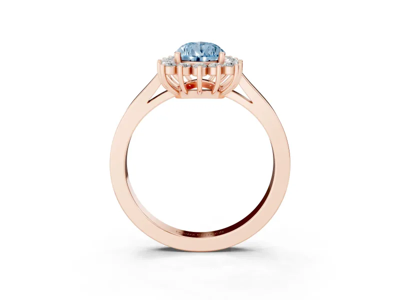 Fancy Blue Pear Cut Diamond Halo Ring Set in Rose gold with Round Halo and Smooth Solitaire Band