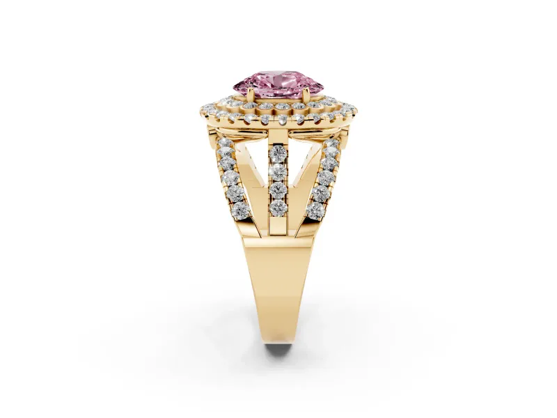 Oval Double Halo Split Shank Engagement Ring Setting for a Fancy Pink Lab-Grown Diamond | Pave Strands | Yellow Gold