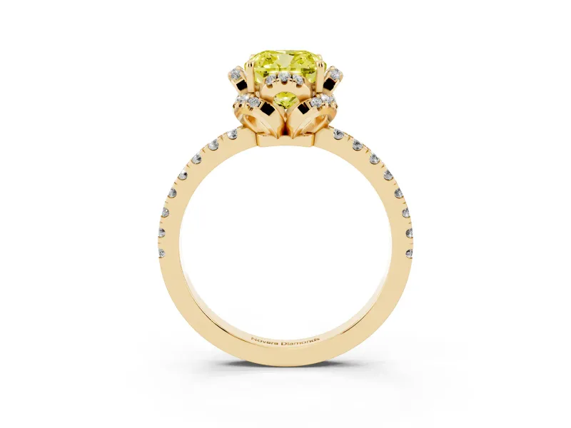 Fancy Yellow Cushion Cut Diamond Halo Pavé Band Ring Set in Yellow gold with Prong-Held Center