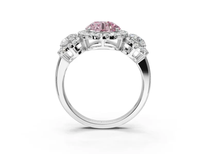 Round Three Stone Halo Engagement Ring Setting for a Fancy Pink Lab-Grown Diamond | Platinum