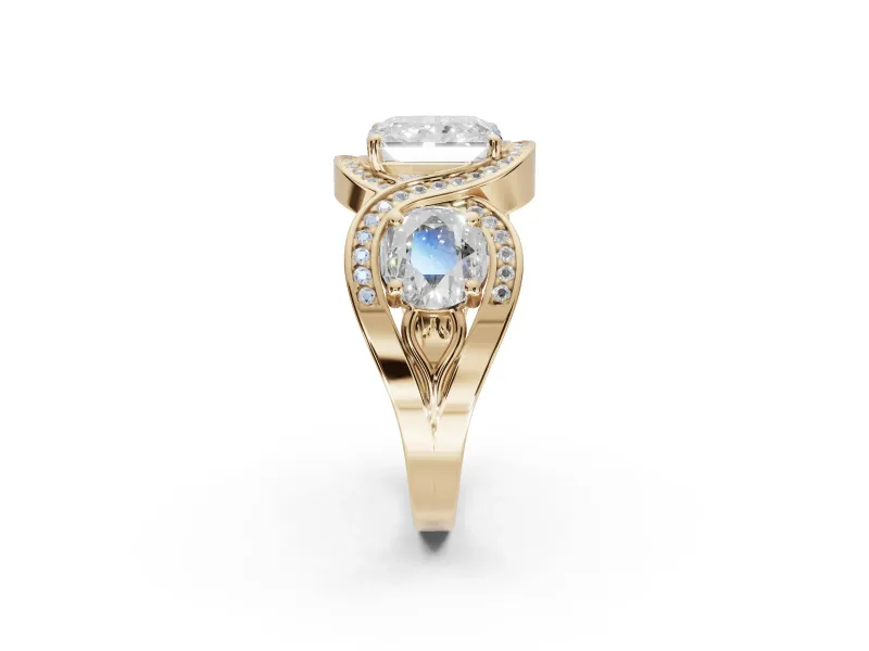 Radiant Cut Three Stone Halo Engagement Ring Setting | Pavé Wave Band | Yellow Gold