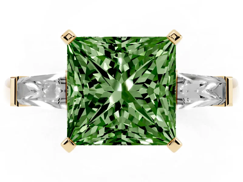 Princess Cut Baguette Engagement Ring Setting for a Fancy Green Lab-Grown Diamond | Yellow Gold
