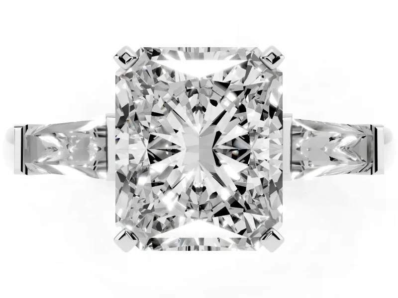 Radiant Cut Diamond Solitaire Ring Set in White gold with Tapered Baguette Side Stones and Prong Setting