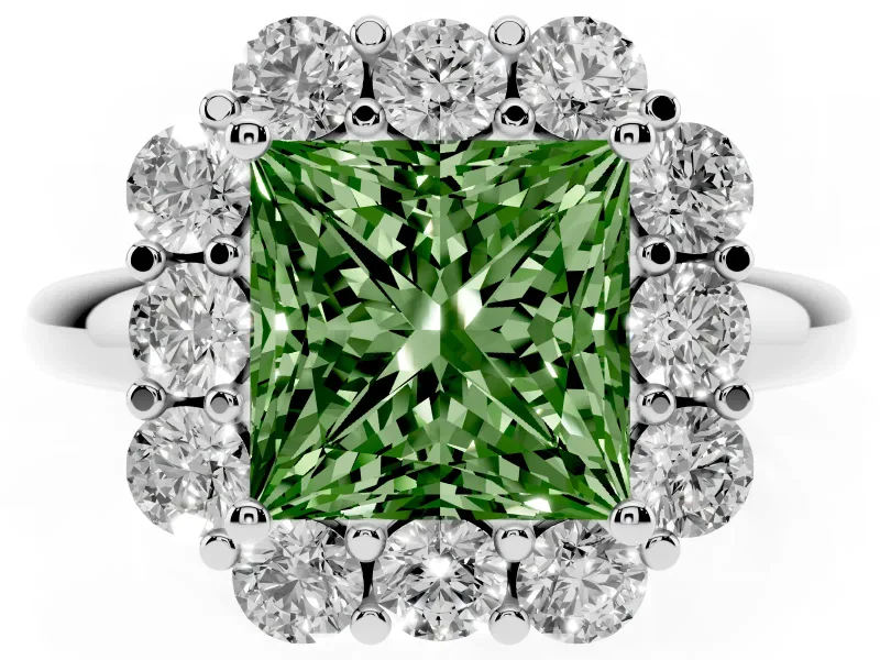 Princess Cut Graduated Milgrain Halo Engagement Ring Setting for a Fancy Green Lab-Grown Diamond | Sterling Silver