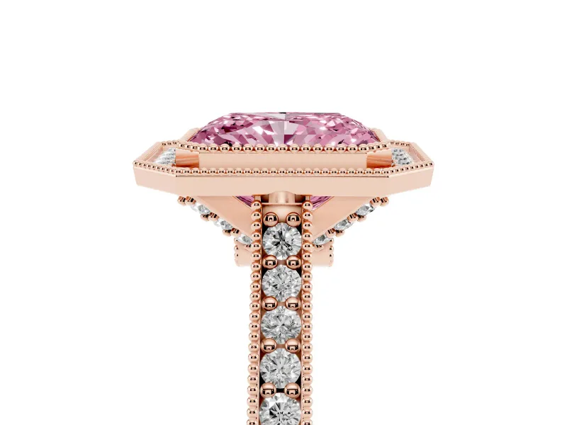 Radiant Cut Vintage Milgrain Halo Engagement Ring Setting for a Fancy Pink Lab-Grown Diamond | Bezel Head | Rose Gold