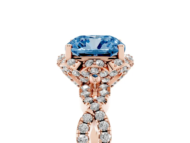 Fancy Blue Cushion Cut Diamond Halo Twist Band Solitaire Ring Set in Rose gold with Prong-Set Center Stone