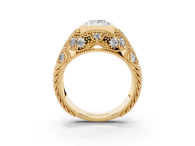 Princess Cut Diamond Bezel Ring Set in Yellow gold with Milgrain Accent Band