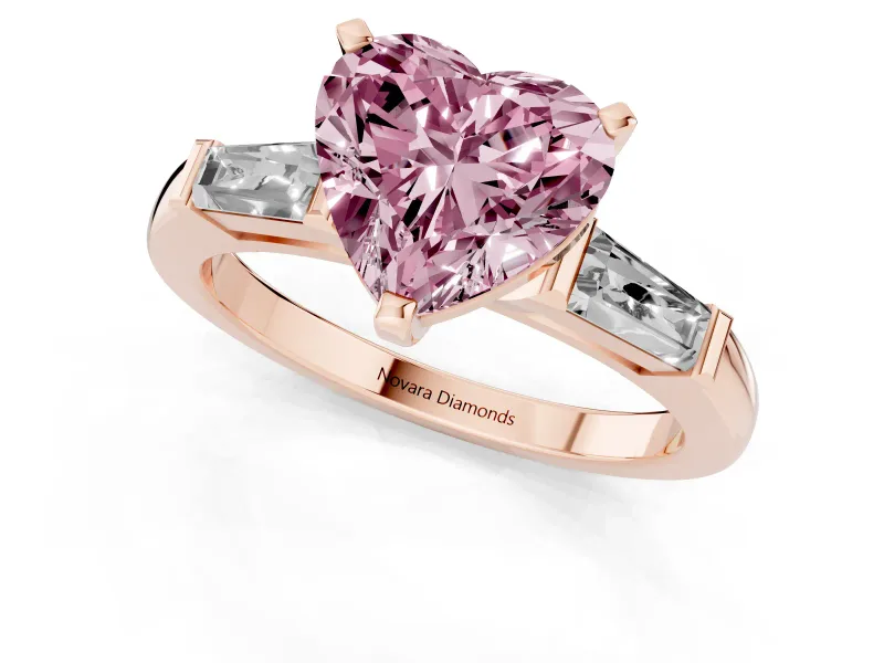 Heart-Shaped Three Stone Engagement Ring Setting for a Fancy Pink Lab-Grown Diamond | Tapered Baguettes | Rose Gold
