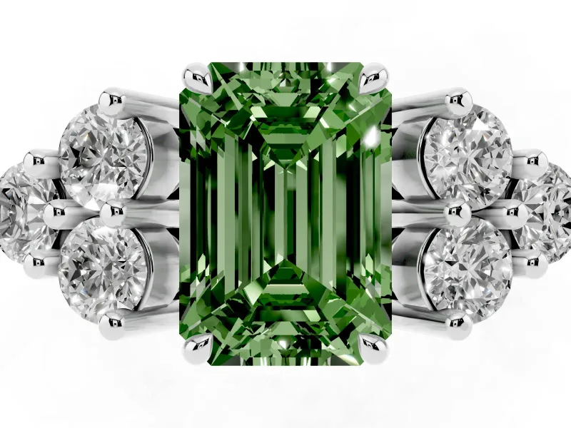 Fancy Green Emerald Cut Diamond Solitaire Ring Set in White gold with Cluster Accents on Each Side