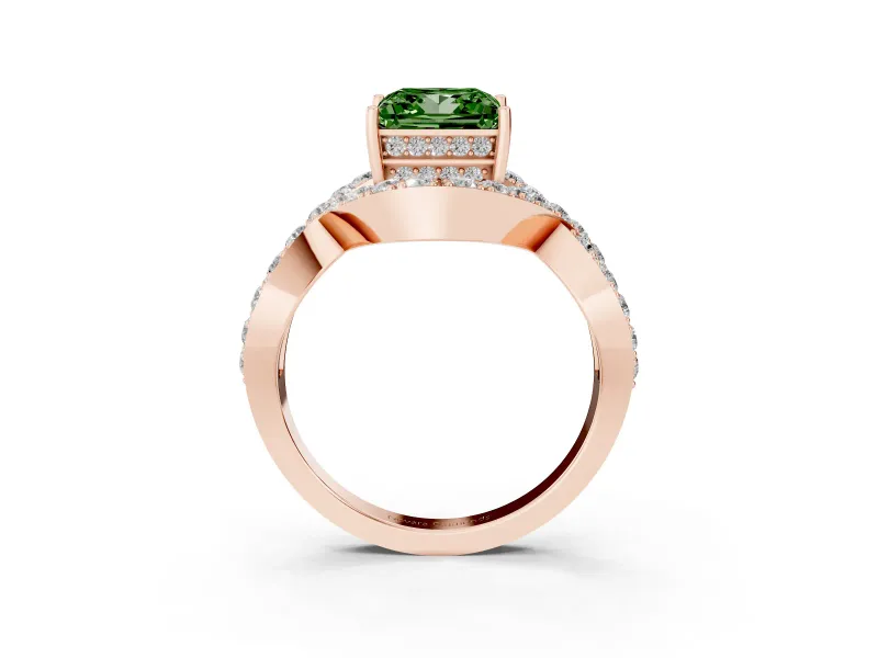 Fancy Green Princess Cut Diamond Solitaire Twist Band Pavé Engagement Ring Set in Rose gold