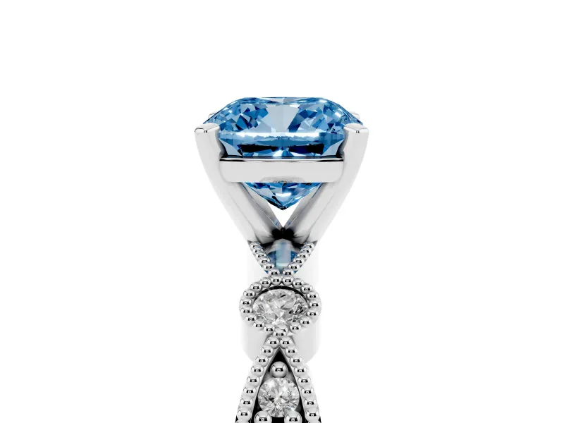 Fancy Blue Cushion Cut Diamond Solitaire Engagement Ring Set in White gold with Milgrain Bezel Accent Band
