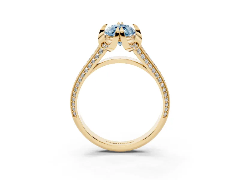 Fancy Blue Marquise Cut Diamond Pavé Split Shank Solitaire Ring Set in Yellow gold with Prong Setting