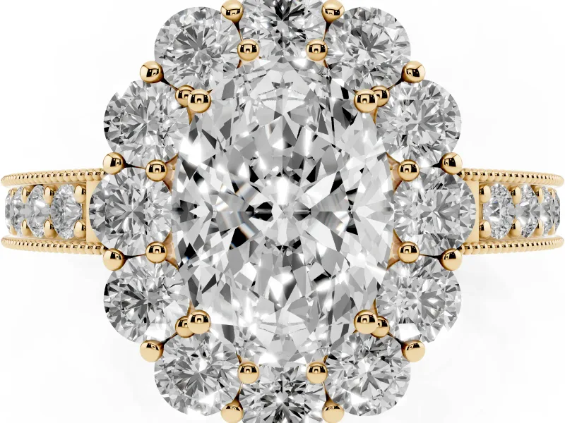 Oval Vintage Halo Engagement Ring Setting | Milgrain Channel Band | Yellow Gold