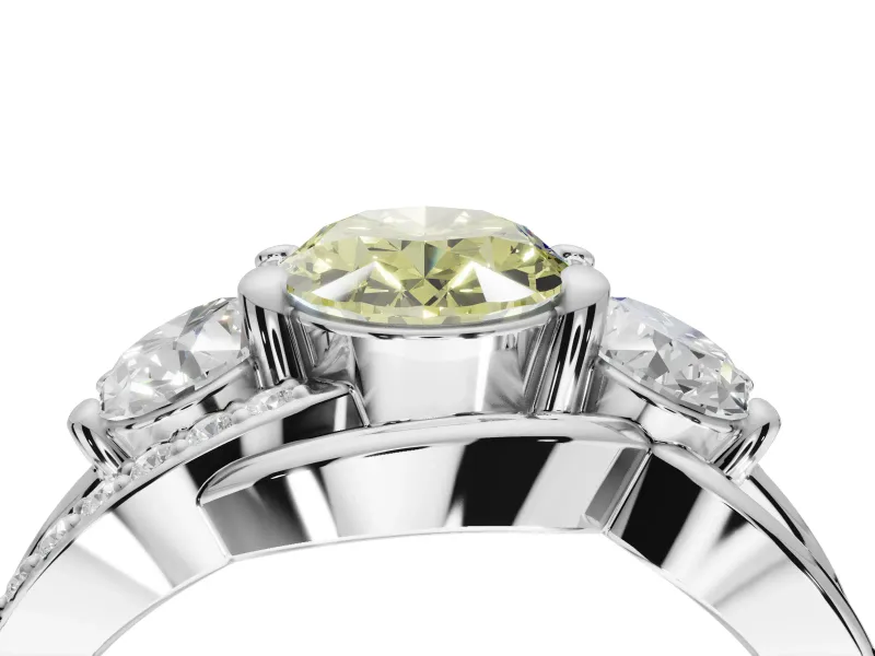 Oval Three Stone Split Shank Engagement Ring Setting for a Fancy Yellow Lab-Grown Diamond | Matching Sides | White Gold