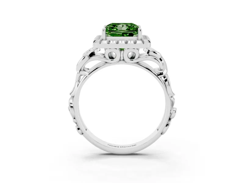 Fancy Green Princess Cut Diamond Halo Ring Set in Silver with Scrollwork Band and Prong Setting
