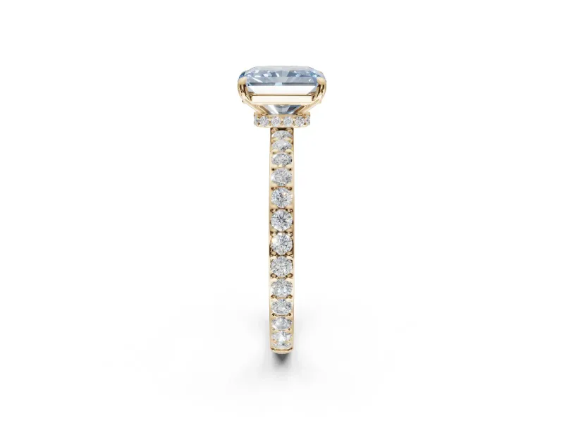 Radiant Cut Hidden Halo Engagement Ring Setting for a Fancy Blue Lab-Grown Diamond | Pavé Band | Yellow Gold