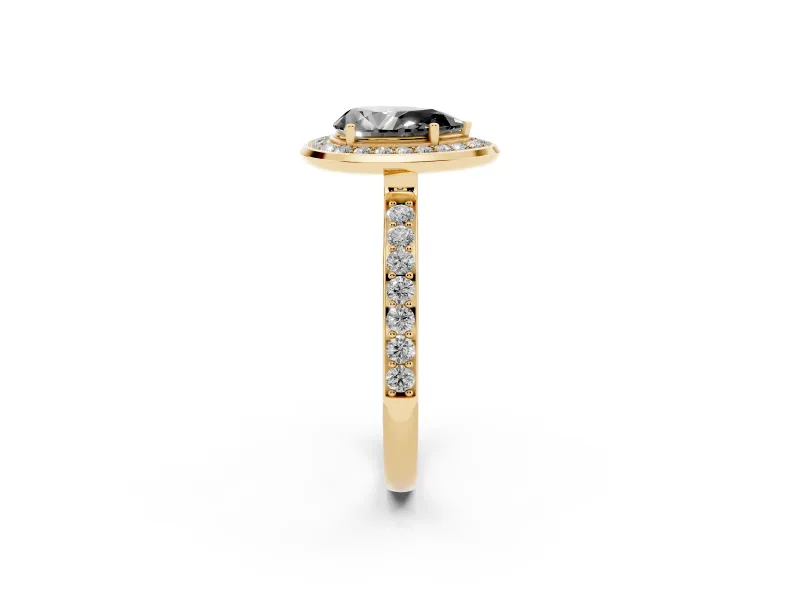 Fancy Black Pear Cut Diamond Halo Ring Set in Yellow gold with Bezel Frame and Pavé Band