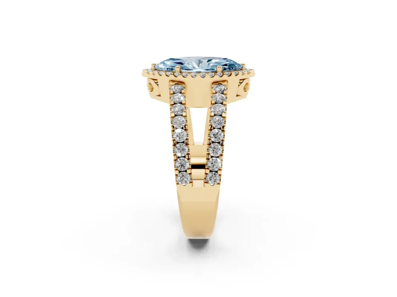Fancy Blue Marquise Cut Diamond Halo Ring Set in Yellow gold with Pavé Split Shank and Prong Setting