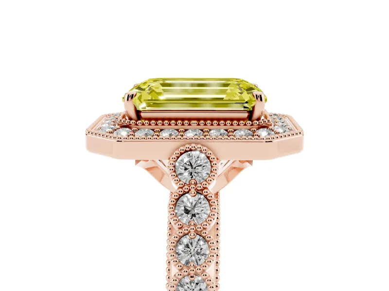 Emerald Cut Graduated Milgrain Halo Engagement Ring Setting for a Fancy Yellow Lab-Grown Diamond | Rose Gold