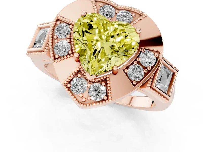 Fancy Yellow Heart Cut Diamond Milgrain Halo Ring Set in Rose gold with Split Shank