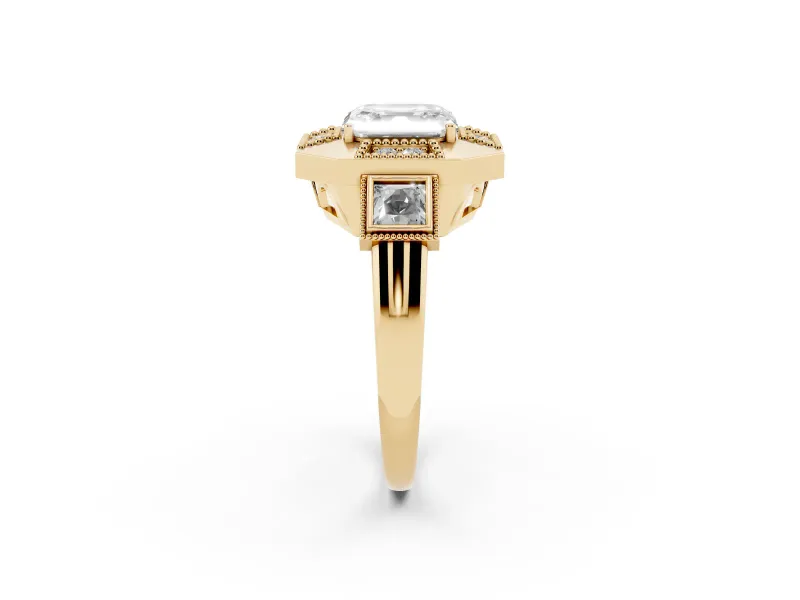 Asscher Cut Diamond Milgrain Halo Ring Set in Yellow gold with Split Shank